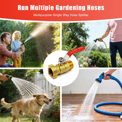 Hose Splitter 2 Way Heavy Duty, 3/4 Inch GHT Thread Y Valve Connector with Stainless Steel Long Handle, Full Flow Garden Brass Hose Splitter for Outdoor Watering, Irrigation, Washing