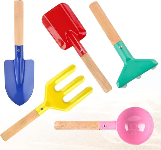 5 PCS Kids Gardening Set, Toddler Gardening Tools Metal Handle, Beach Sand Toys for Ages 3-8, Outside Toys for Sandbox Digging & Snow Sensory Playset with Spoon Fork Rake Shovel