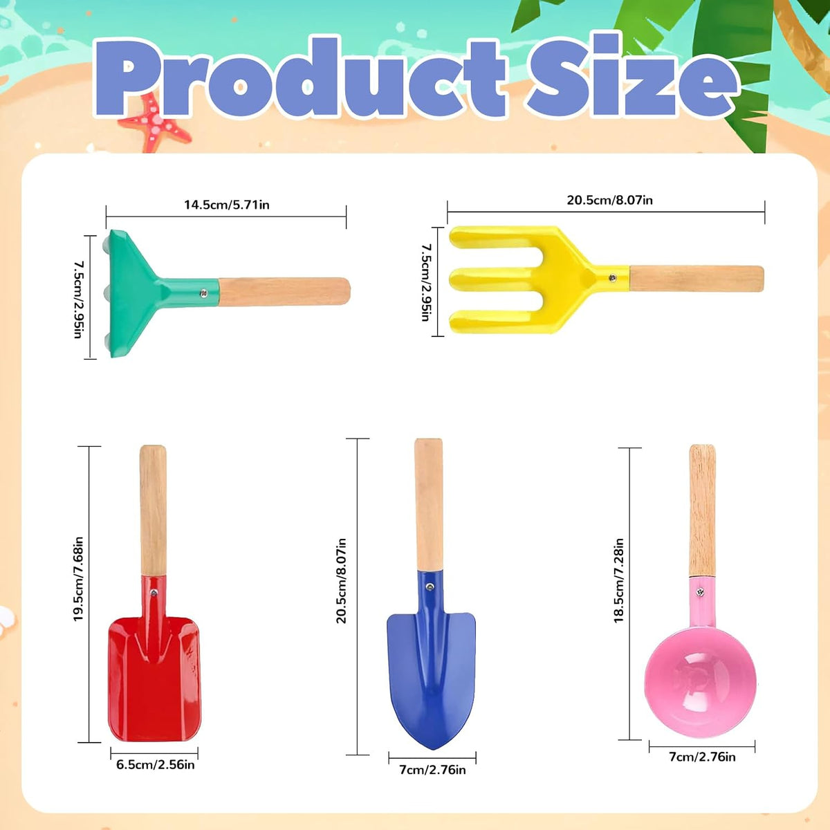 5 PCS Kids Gardening Set, Toddler Gardening Tools Metal Handle, Beach Sand Toys for Ages 3-8, Outside Toys for Sandbox Digging & Snow Sensory Playset with Spoon Fork Rake Shovel