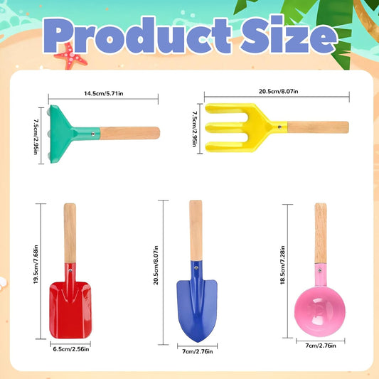 5 PCS Kids Gardening Set, Toddler Gardening Tools Metal Handle, Beach Sand Toys for Ages 3-8, Outside Toys for Sandbox Digging & Snow Sensory Playset with Spoon Fork Rake Shovel