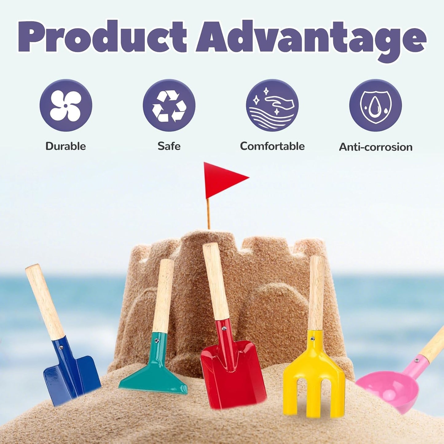 5 PCS Kids Gardening Set, Toddler Gardening Tools Metal Handle, Beach Sand Toys for Ages 3-8, Outside Toys for Sandbox Digging & Snow Sensory Playset with Spoon Fork Rake Shovel