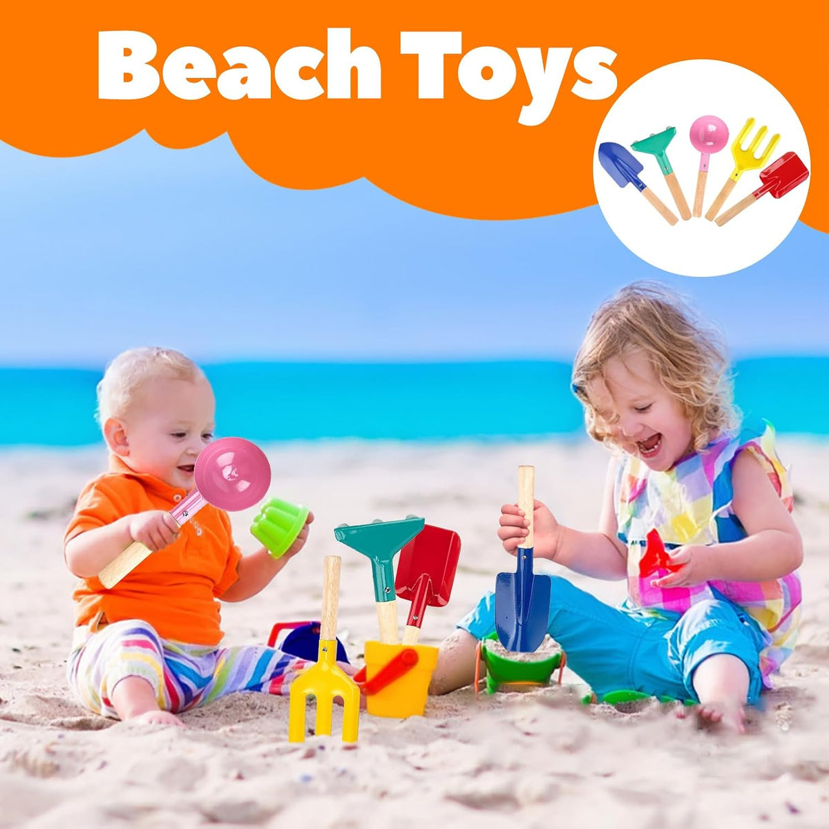 5 PCS Kids Gardening Set, Toddler Gardening Tools Metal Handle, Beach Sand Toys for Ages 3-8, Outside Toys for Sandbox Digging & Snow Sensory Playset with Spoon Fork Rake Shovel