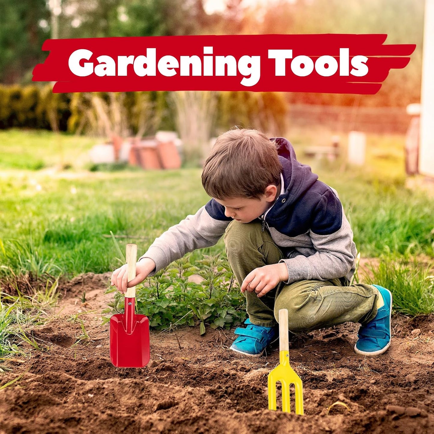 5 PCS Kids Gardening Set, Toddler Gardening Tools Metal Handle, Beach Sand Toys for Ages 3-8, Outside Toys for Sandbox Digging & Snow Sensory Playset with Spoon Fork Rake Shovel