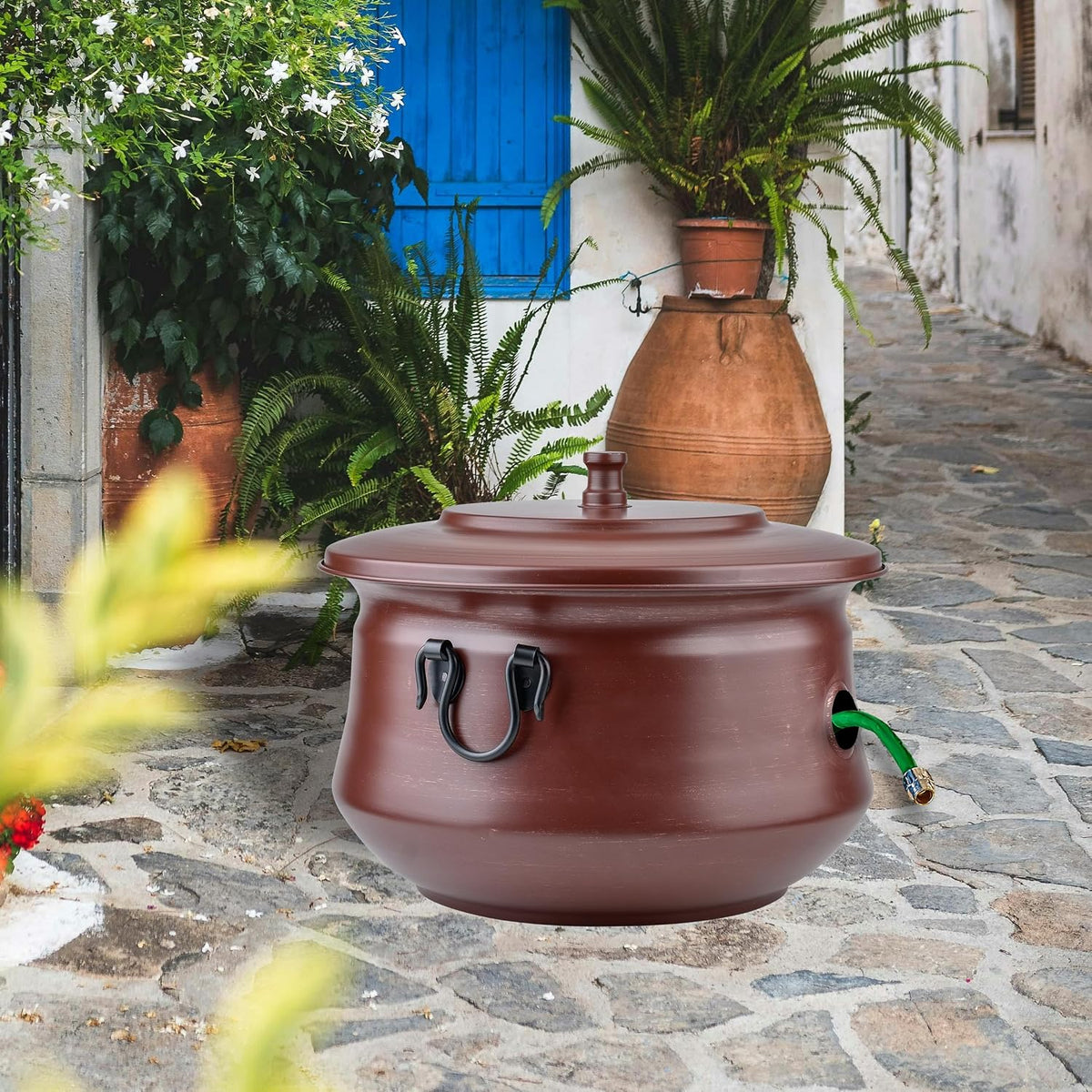 Decorative Garden Hose Holder Pot Storage with Lid 19x15.25" for Yard, Indoor & Outdoor Use - Water Hose Container, Handmade (Cobble Creek Brushed Bronze)