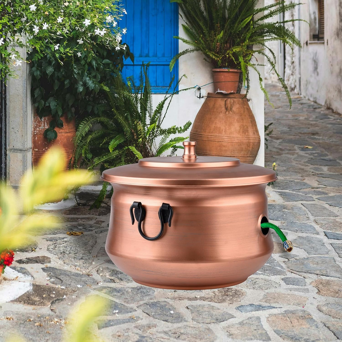 Decorative Garden Hose Holder Pot Storage with Lid 19x15.25" for Yard, Indoor & Outdoor Use - Water Hose Container, Handmade (Cobble Creek Brushed Bronze)