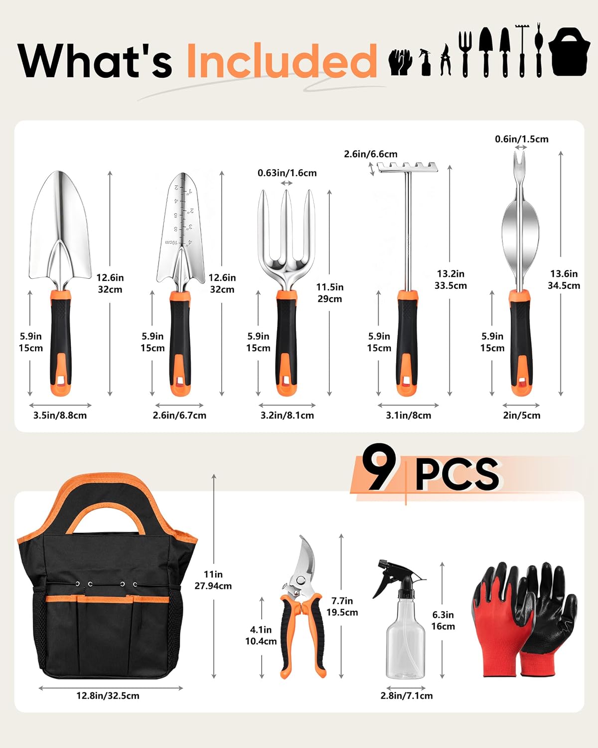 9-Piece Stainless Steel Garden Hand Tools Set for Planting