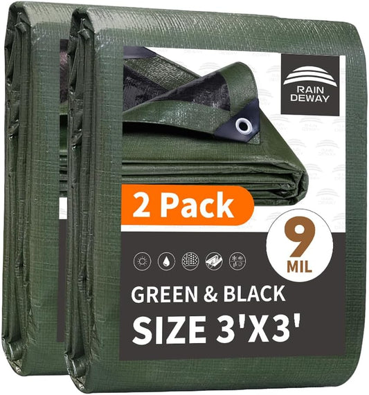 Small Tarps 3x3 Feet(2 Pack),9Mil Green/Black Tarp Waterproof - Colors A