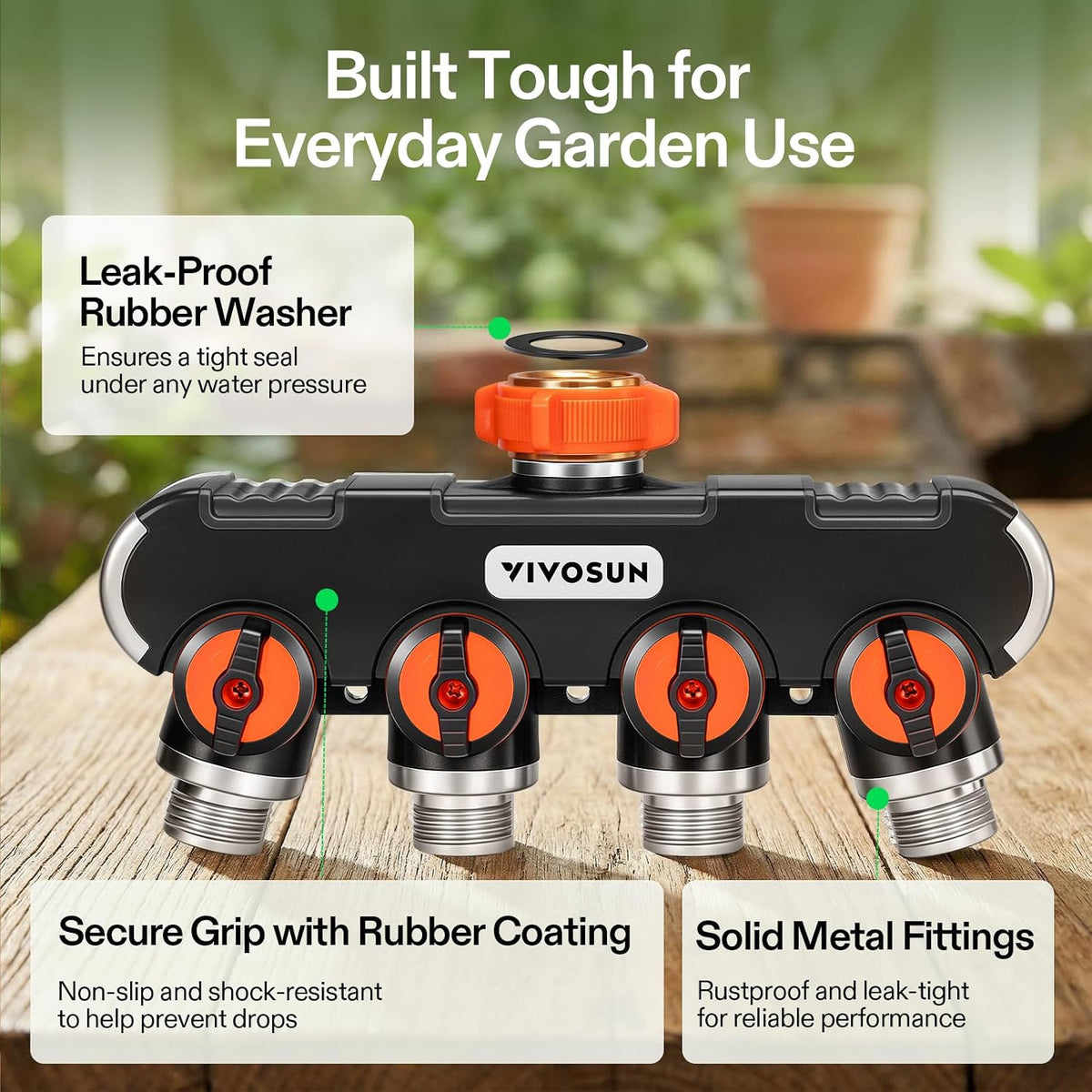 Garden Hose Splitter 4 Way, Heavy Duty Water Hose Connector 3/4", Water Hose Manifold, Faucet Adapter with Comfortable Rubberized Grip for Drip Irrigation, Lawns