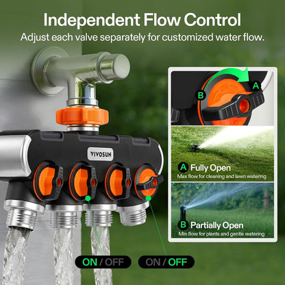 Garden Hose Splitter 4 Way, Heavy Duty Water Hose Connector 3/4", Water Hose Manifold, Faucet Adapter with Comfortable Rubberized Grip for Drip Irrigation, Lawns