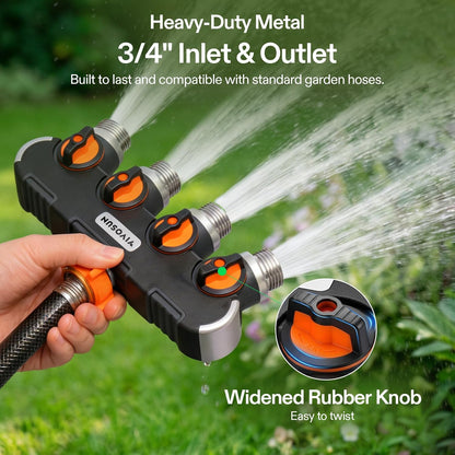 Garden Hose Splitter 4 Way, Heavy Duty Water Hose Connector 3/4", Water Hose Manifold, Faucet Adapter with Comfortable Rubberized Grip for Drip Irrigation, Lawns