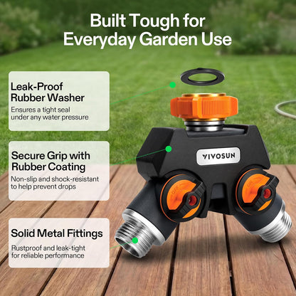 Garden Hose Splitter 4 Way, Heavy Duty Water Hose Connector 3/4", Water Hose Manifold, Faucet Adapter with Comfortable Rubberized Grip for Drip Irrigation, Lawns