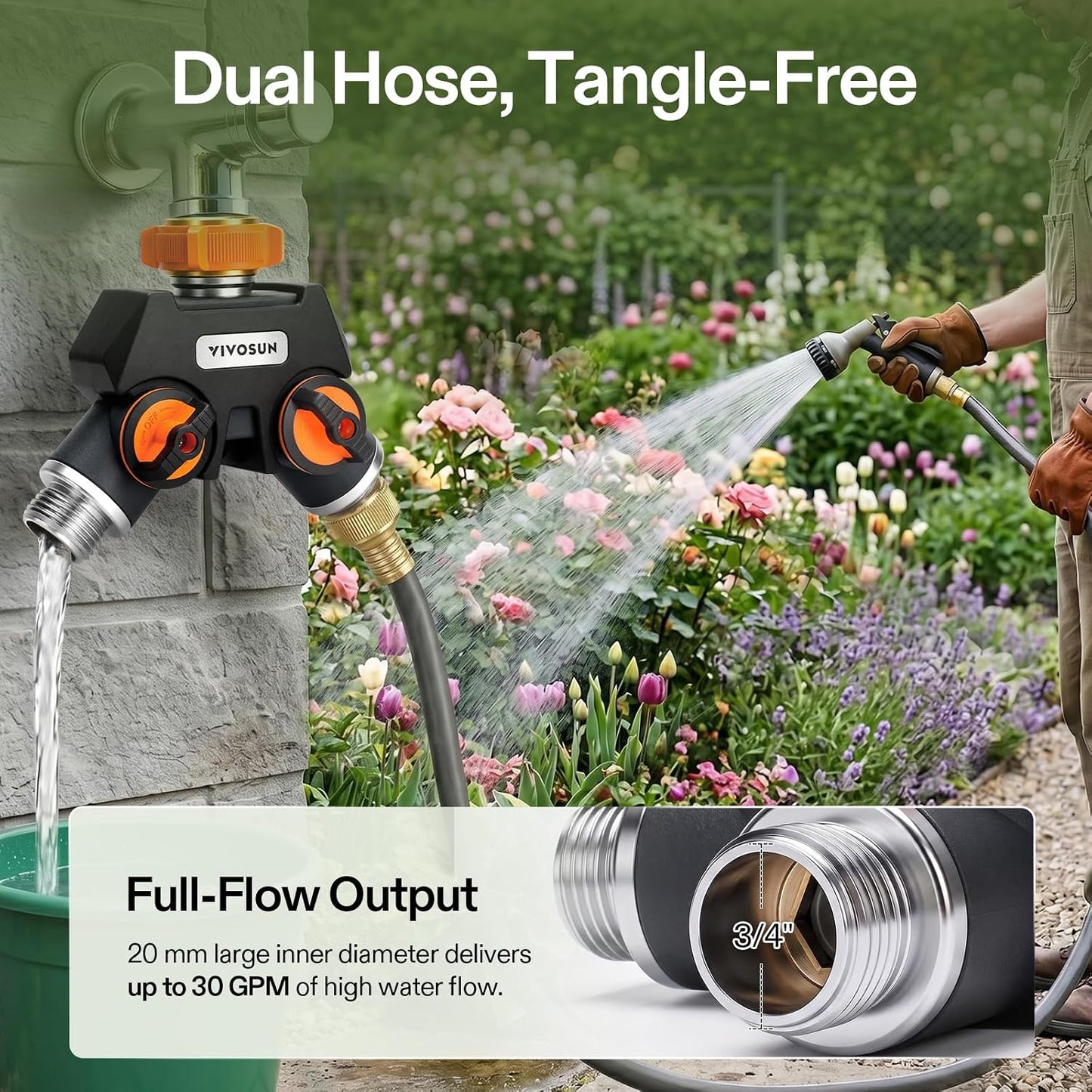 Garden Hose Splitter 4 Way, Heavy Duty Water Hose Connector 3/4", Water Hose Manifold, Faucet Adapter with Comfortable Rubberized Grip for Drip Irrigation, Lawns