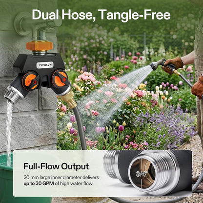 Garden Hose Splitter 4 Way, Heavy Duty Water Hose Connector 3/4", Water Hose Manifold, Faucet Adapter with Comfortable Rubberized Grip for Drip Irrigation, Lawns