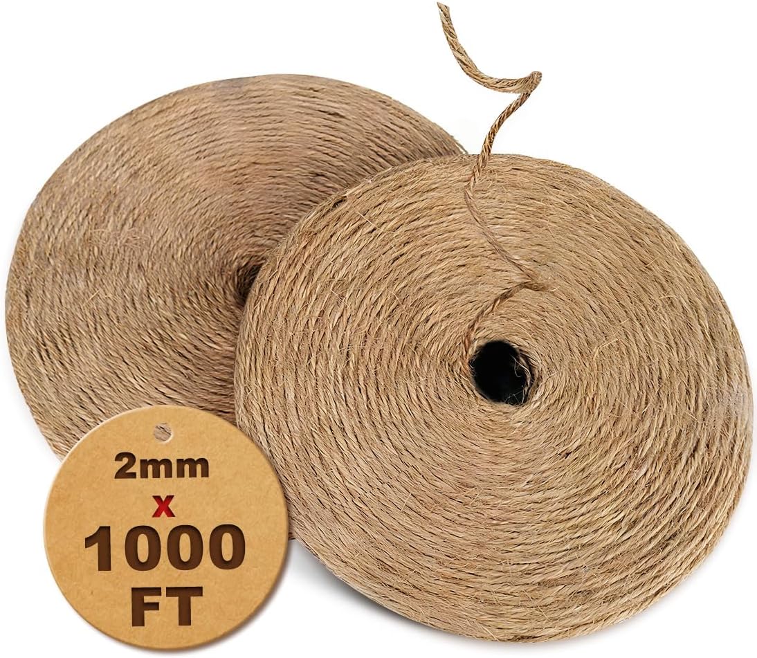 1000FT Natural Jute Twine String Bulk Hemp Rope Cord for Crafts Gardening Gift Wrapping Wedding Décor Packing Material Burlap Ribbon Christmas Knitting Macrame Decoration (Brown 2mm* 1000ft)