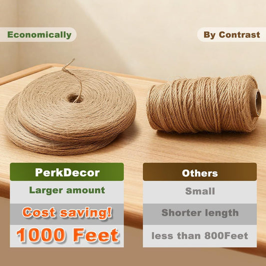 1000FT Natural Jute Twine String Bulk Hemp Rope Cord for Crafts Gardening Gift Wrapping Wedding Décor Packing Material Burlap Ribbon Christmas Knitting Macrame Decoration (Brown 2mm* 1000ft)