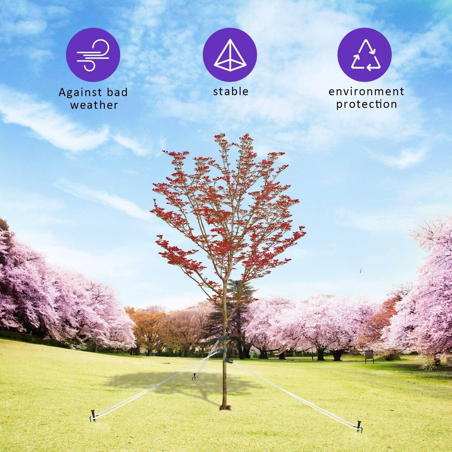 Heavy Duty Steel Tree Stake Kits,Tree Staking and Supports Kits for Young Trees Against Bad Weather, Include 3 PCS Tree Straps for Staking, 3 PCS 11.8 Inch Tree Stakes and 31.2 Feet Rope for Anchoring