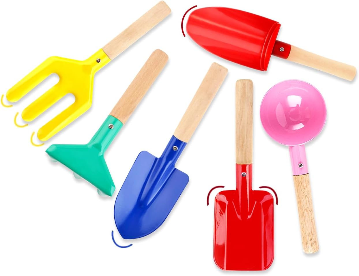 6 Piece Beach Sand Box Toys, Kids Gardening Tools, Made of Metal with Sturdy Wooden Handle, Safe Beach Gardening Set, Spoon, Fork, Rake & Shovel, Gifts for Toddlers