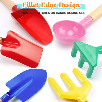 6 Piece Beach Sand Box Toys, Kids Gardening Tools, Made of Metal with Sturdy Wooden Handle, Safe Beach Gardening Set, Spoon, Fork, Rake & Shovel, Gifts for Toddlers