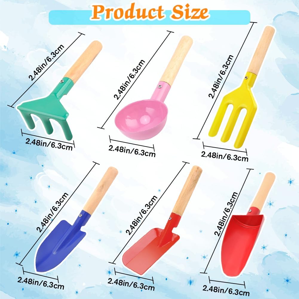 6 Piece Beach Sand Box Toys, Kids Gardening Tools, Made of Metal with Sturdy Wooden Handle, Safe Beach Gardening Set, Spoon, Fork, Rake & Shovel, Gifts for Toddlers