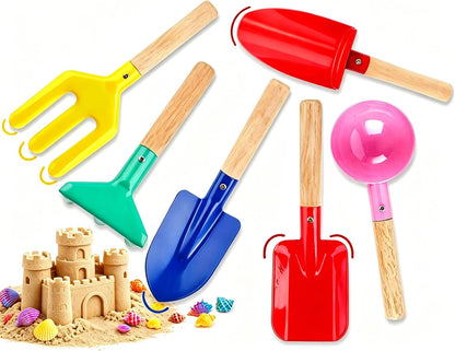 6 Piece Beach Sand Box Toys, Kids Gardening Tools, Made of Metal with Sturdy Wooden Handle, Safe Beach Gardening Set, Spoon, Fork, Rake & Shovel, Gifts for Toddlers