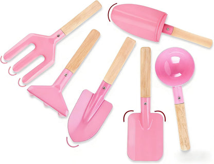 6 Piece Beach Sand Box Toys, Kids Gardening Tools, Made of Metal with Sturdy Wooden Handle, Safe Beach Gardening Set, Spoon, Fork, Rake & Shovel, Gifts for Toddlers