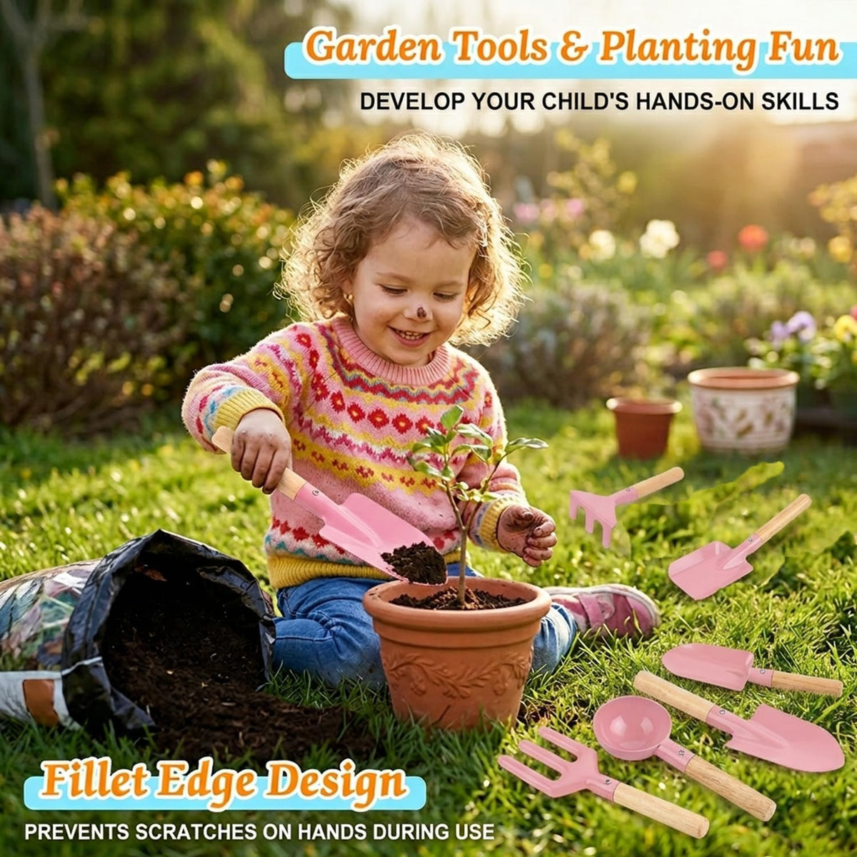 6 Piece Beach Sand Box Toys, Kids Gardening Tools, Made of Metal with Sturdy Wooden Handle, Safe Beach Gardening Set, Spoon, Fork, Rake & Shovel, Gifts for Toddlers