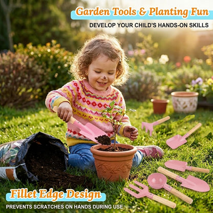 6 Piece Beach Sand Box Toys, Kids Gardening Tools, Made of Metal with Sturdy Wooden Handle, Safe Beach Gardening Set, Spoon, Fork, Rake & Shovel, Gifts for Toddlers
