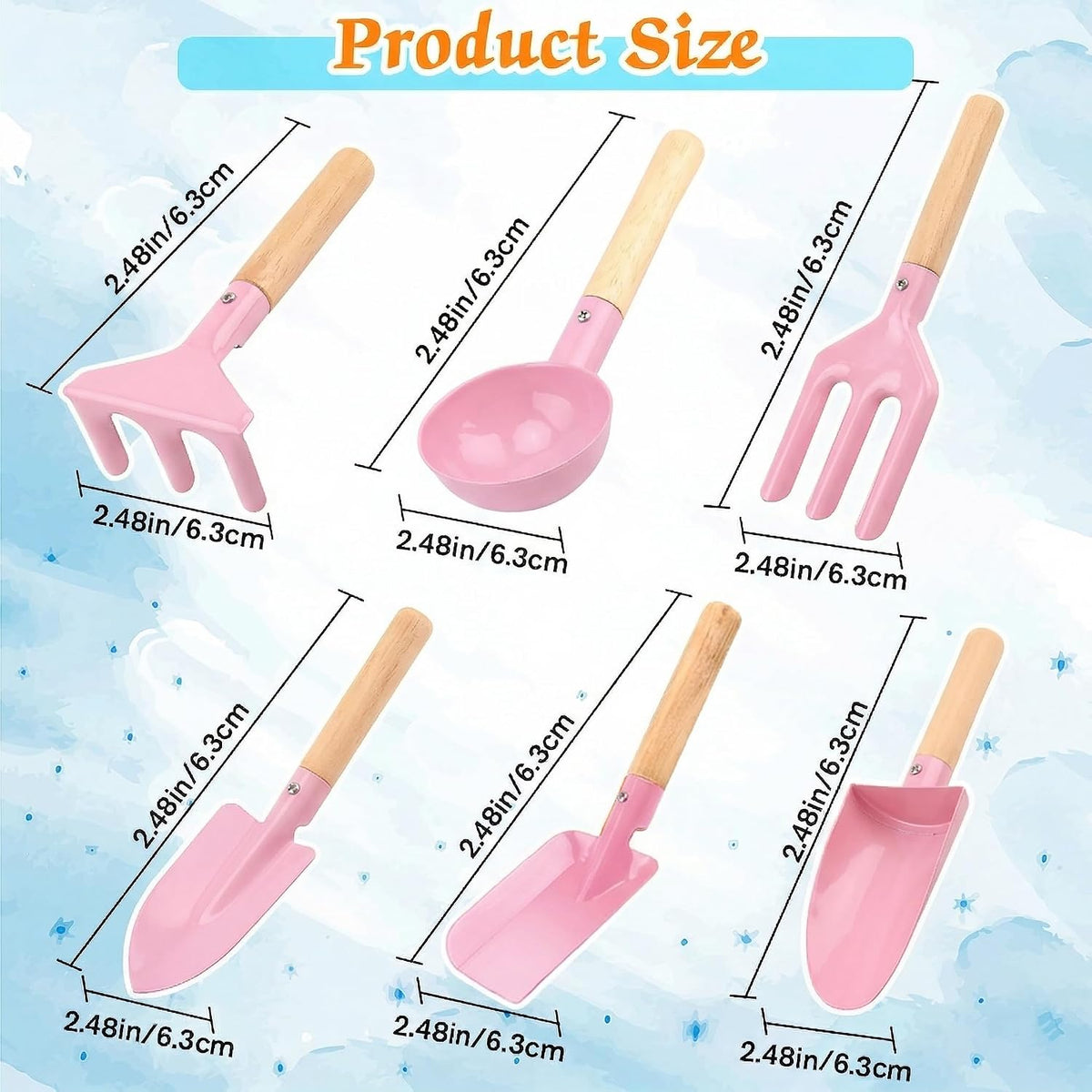 6 Piece Beach Sand Box Toys, Kids Gardening Tools, Made of Metal with Sturdy Wooden Handle, Safe Beach Gardening Set, Spoon, Fork, Rake & Shovel, Gifts for Toddlers