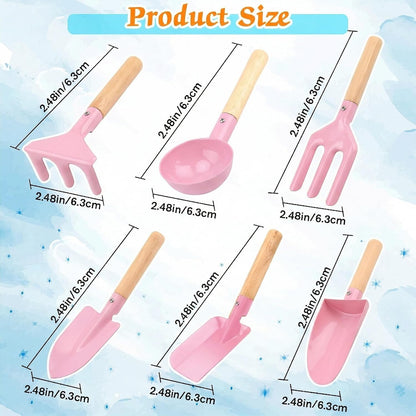 6 Piece Beach Sand Box Toys, Kids Gardening Tools, Made of Metal with Sturdy Wooden Handle, Safe Beach Gardening Set, Spoon, Fork, Rake & Shovel, Gifts for Toddlers