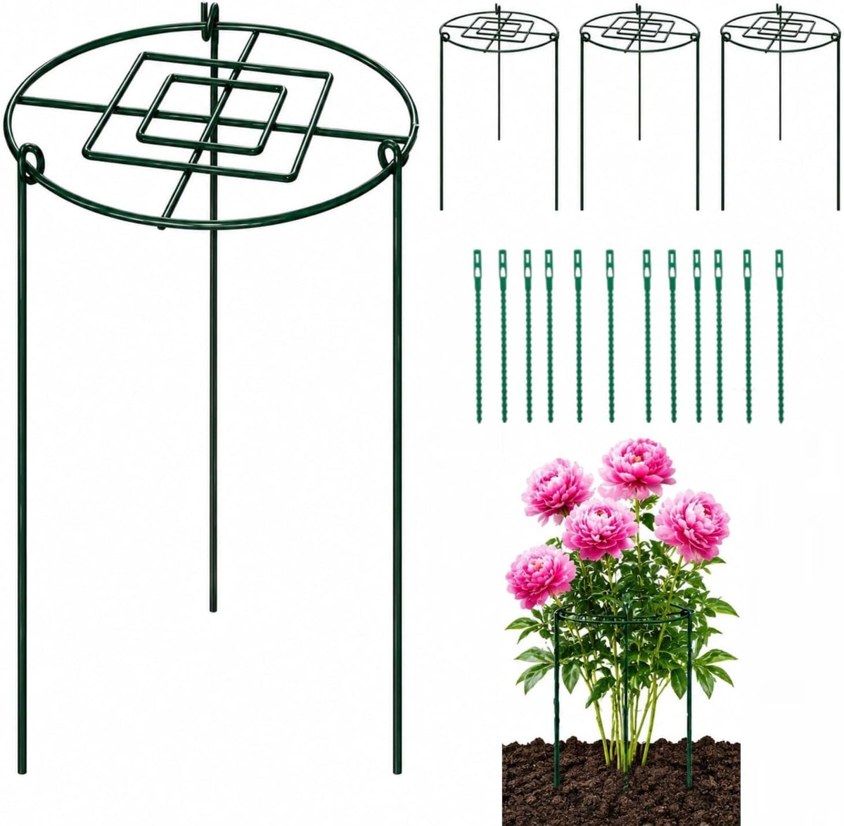 Peony Cages and Supports, 4 Pack, 14" D x 16" H with Twist Ties