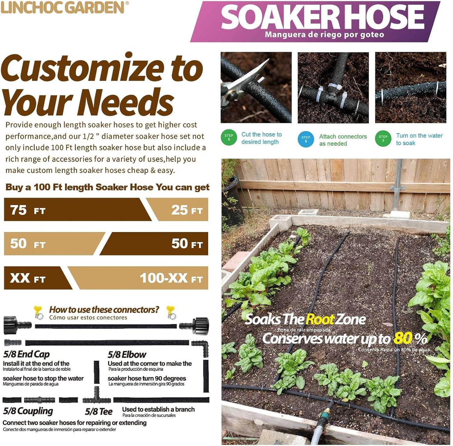 LICNCHOC GARDEN Soaker Hose 10ft,1/2 INCH Flexible Durable Garden Hose for Efficient Watering, Leak-Proof Design 100% Recycled Rubber,Ideal for Lawns,Gardens & Flower Beds