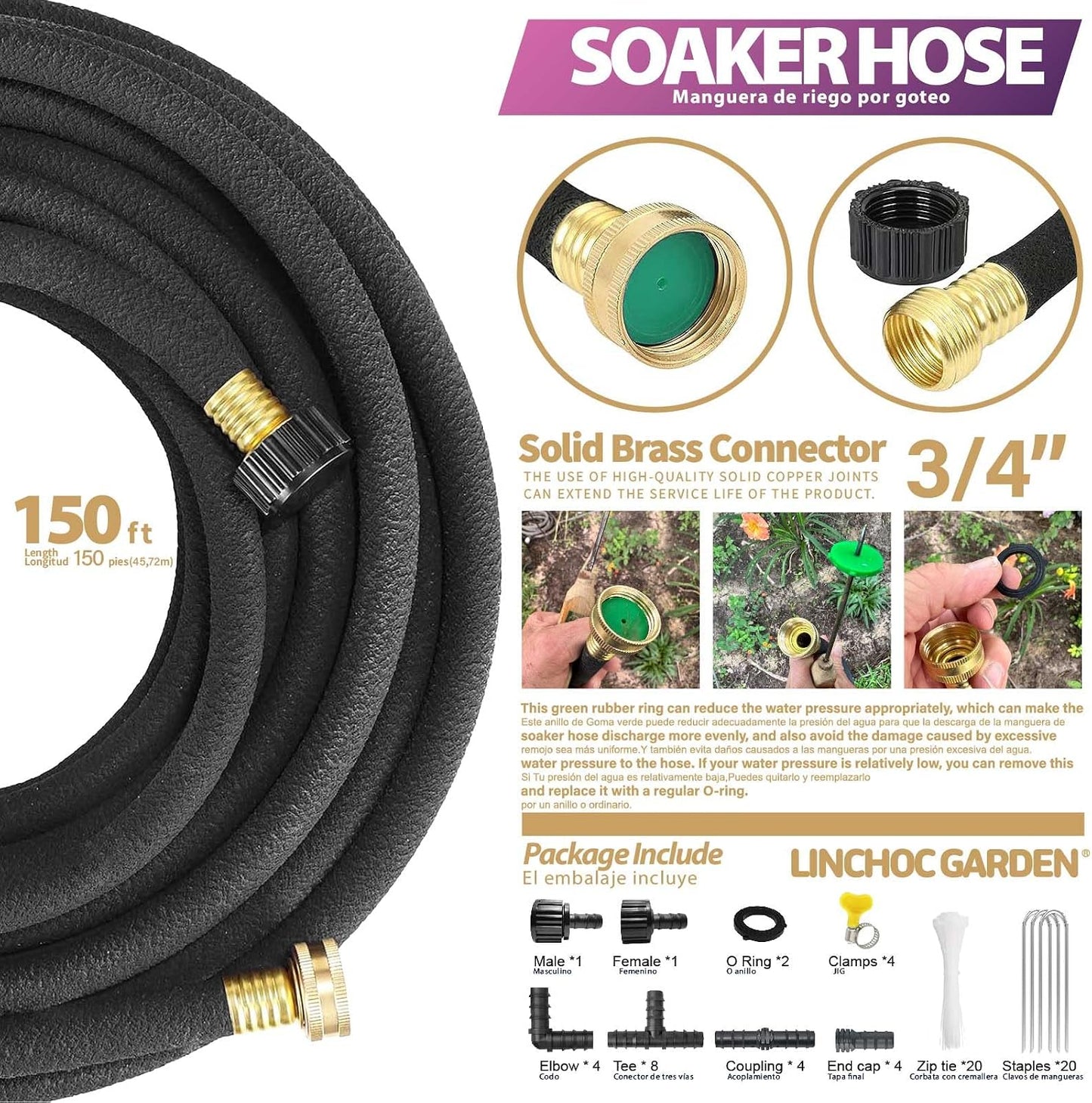 LICNCHOC GARDEN Soaker Hose 10ft,1/2 INCH Flexible Durable Garden Hose for Efficient Watering, Leak-Proof Design 100% Recycled Rubber,Ideal for Lawns,Gardens & Flower Beds