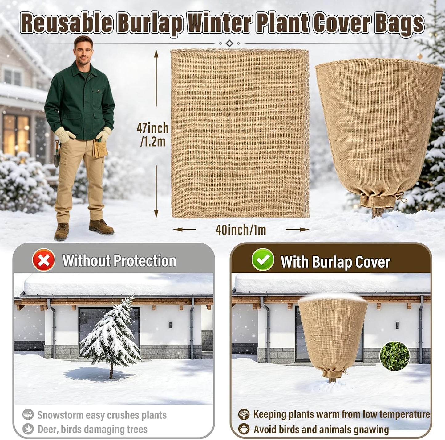 4 Packs 40 × 47 Inch Large Winter Plant Cover Bags with Drawstring
