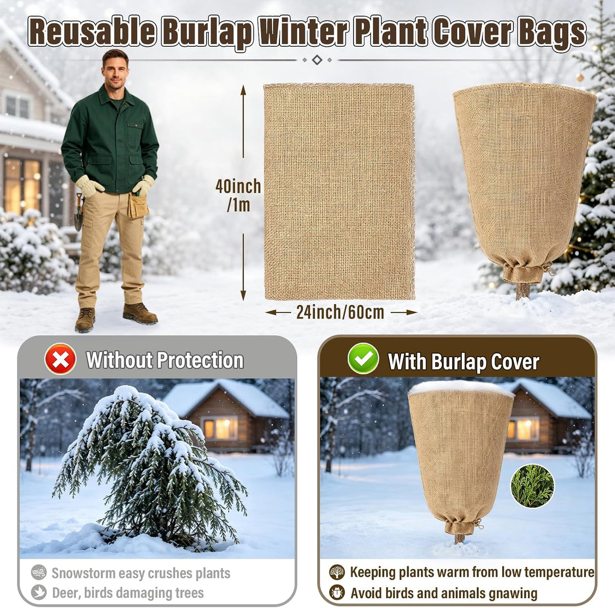 4 Packs 40 × 47 Inch Large Winter Plant Cover Bags with Drawstring