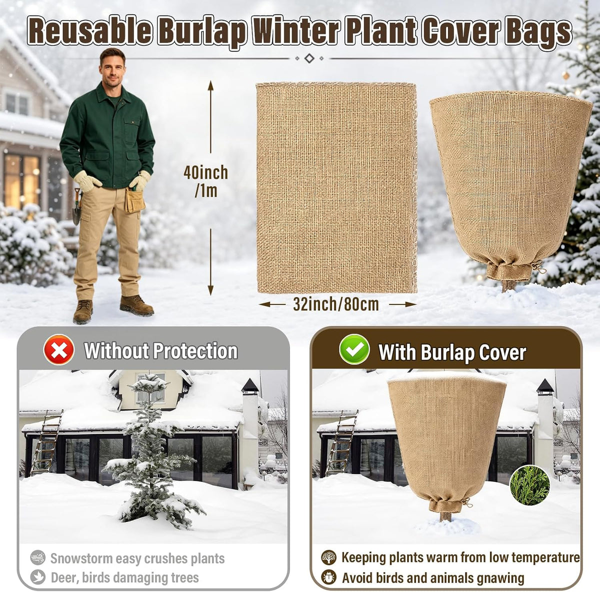 4 Packs 40 × 47 Inch Large Winter Plant Cover Bags with Drawstring