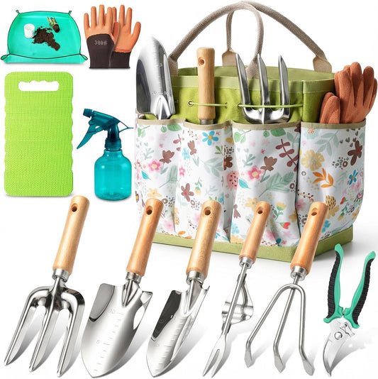 Garden Tool Set 11-Piece Heavy Duty Gardening Hand Tools - Rust-Resistant Stainless Steel with Durable Stylish Garden Tools Organizer Tote Bag, Perfect Gardening Gift for Women, Mom & Garden Lovers