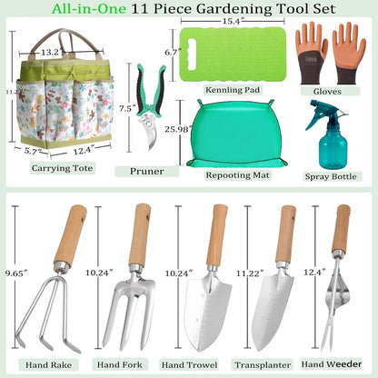 Garden Tool Set 11-Piece Heavy Duty Gardening Hand Tools - Rust-Resistant Stainless Steel with Durable Stylish Garden Tools Organizer Tote Bag, Perfect Gardening Gift for Women, Mom & Garden Lovers