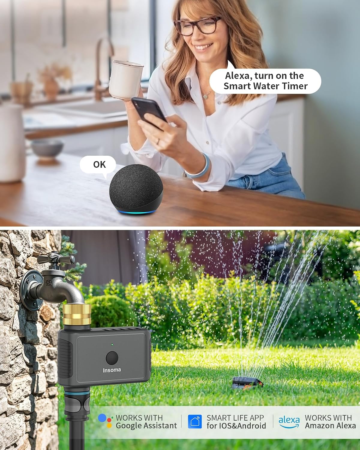 WiFi Water Timer Brass Inlet, 2.4GHz Smart Sprinkler Timers, 1 Zone Hose Timer with WiFi Hub, Voice/App Control with Alexa & Google Assistant, Auto/Manual Watering, Rain Delay, for Garden, Yard, Lawn