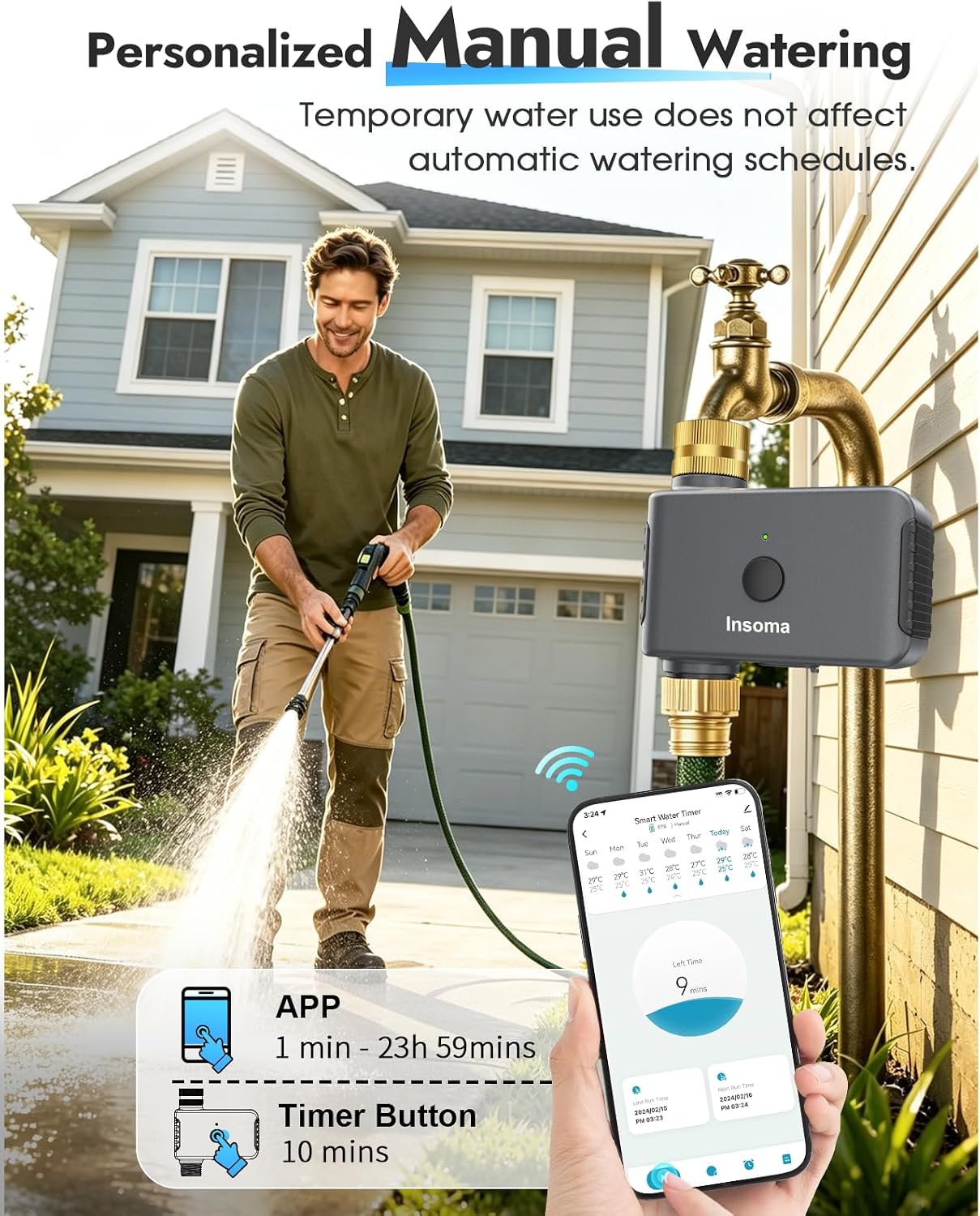 WiFi Water Timer Brass Inlet, 2.4GHz Smart Sprinkler Timers, 1 Zone Hose Timer with WiFi Hub, Voice/App Control with Alexa & Google Assistant, Auto/Manual Watering, Rain Delay, for Garden, Yard, Lawn