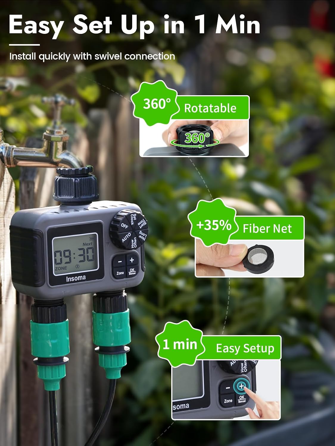 WiFi Water Timer Brass Inlet, 2.4GHz Smart Sprinkler Timers, 1 Zone Hose Timer with WiFi Hub, Voice/App Control with Alexa & Google Assistant, Auto/Manual Watering, Rain Delay, for Garden, Yard, Lawn