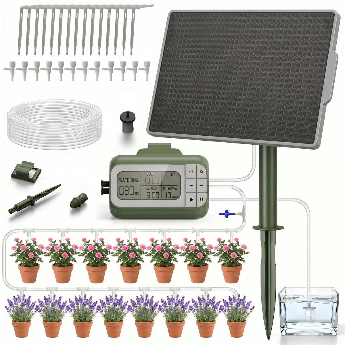 Solar Drip Irrigation System Timed Watering, Programmable Solar Water Drip for 15 Plants, Drip Irrigation Kit with 33FT 1/4'' Tube, 15x Tee Fitting, 15x Flow Valve, 15x Drip Stake(Solar Powered)