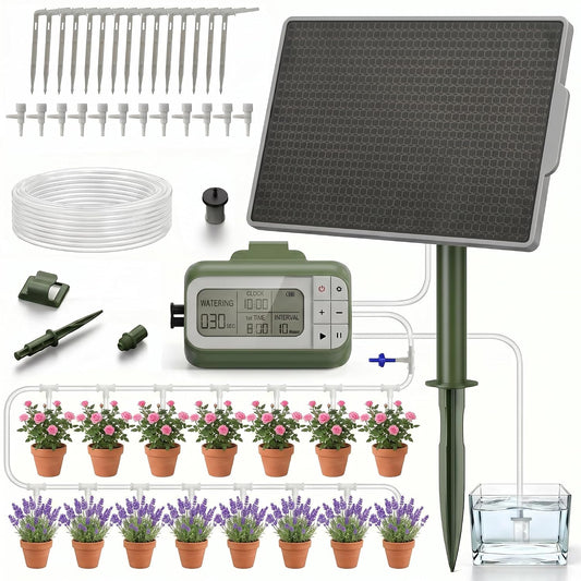 Solar Drip Irrigation System Timed Watering, Programmable Solar Water Drip for 15 Plants, Drip Irrigation Kit with 33FT 1/4'' Tube, 15x Tee Fitting, 15x Flow Valve, 15x Drip Stake(Solar Powered)