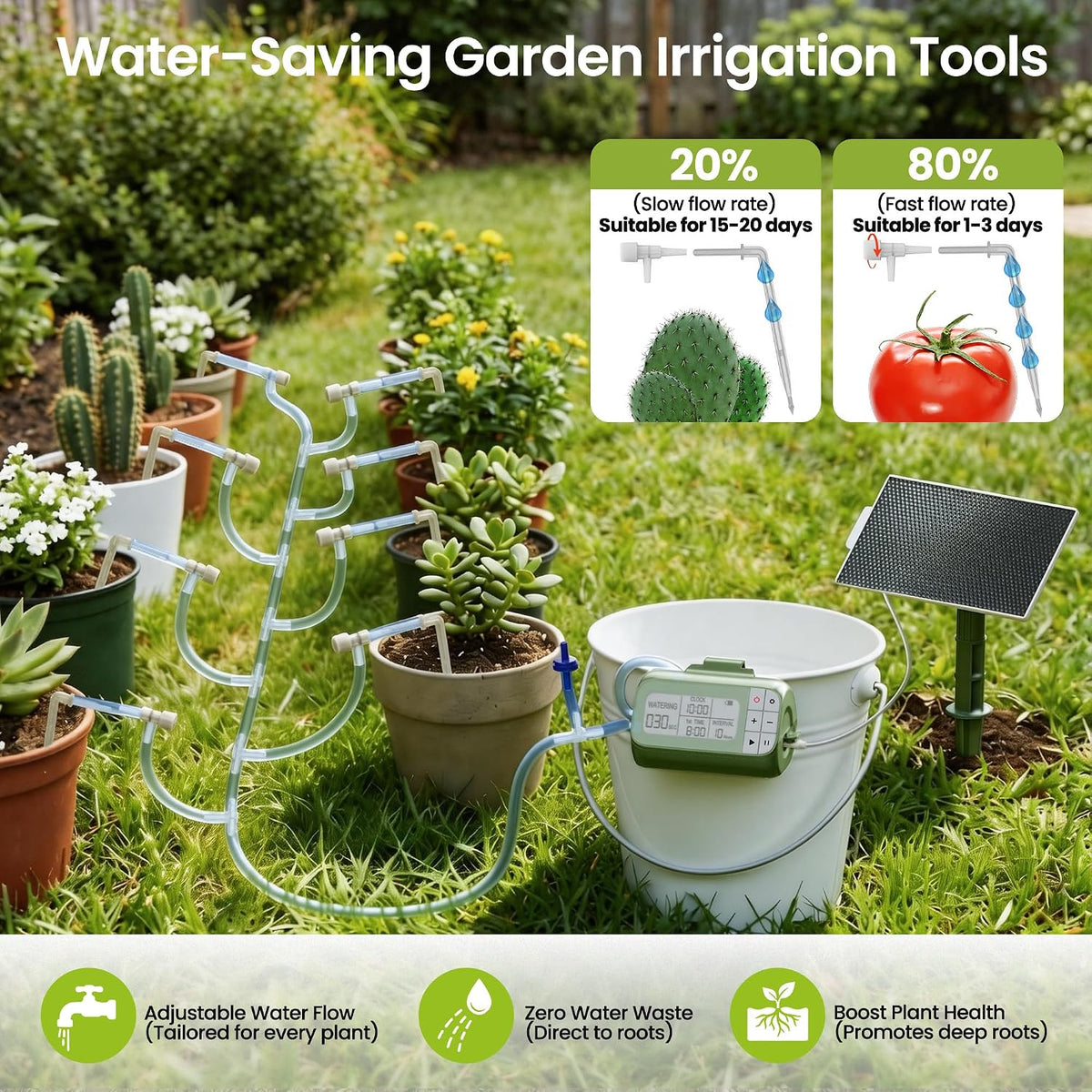 Solar Drip Irrigation System Timed Watering, Programmable Solar Water Drip for 15 Plants, Drip Irrigation Kit with 33FT 1/4'' Tube, 15x Tee Fitting, 15x Flow Valve, 15x Drip Stake(Solar Powered)