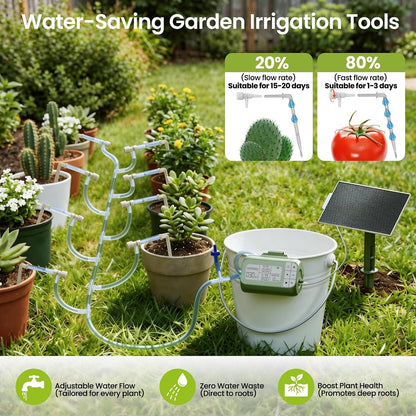 Solar Drip Irrigation System Timed Watering, Programmable Solar Water Drip for 15 Plants, Drip Irrigation Kit with 33FT 1/4'' Tube, 15x Tee Fitting, 15x Flow Valve, 15x Drip Stake(Solar Powered)