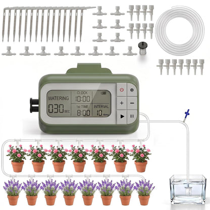 Solar Drip Irrigation System Timed Watering, Programmable Solar Water Drip for 15 Plants, Drip Irrigation Kit with 33FT 1/4'' Tube, 15x Tee Fitting, 15x Flow Valve, 15x Drip Stake(Solar Powered)