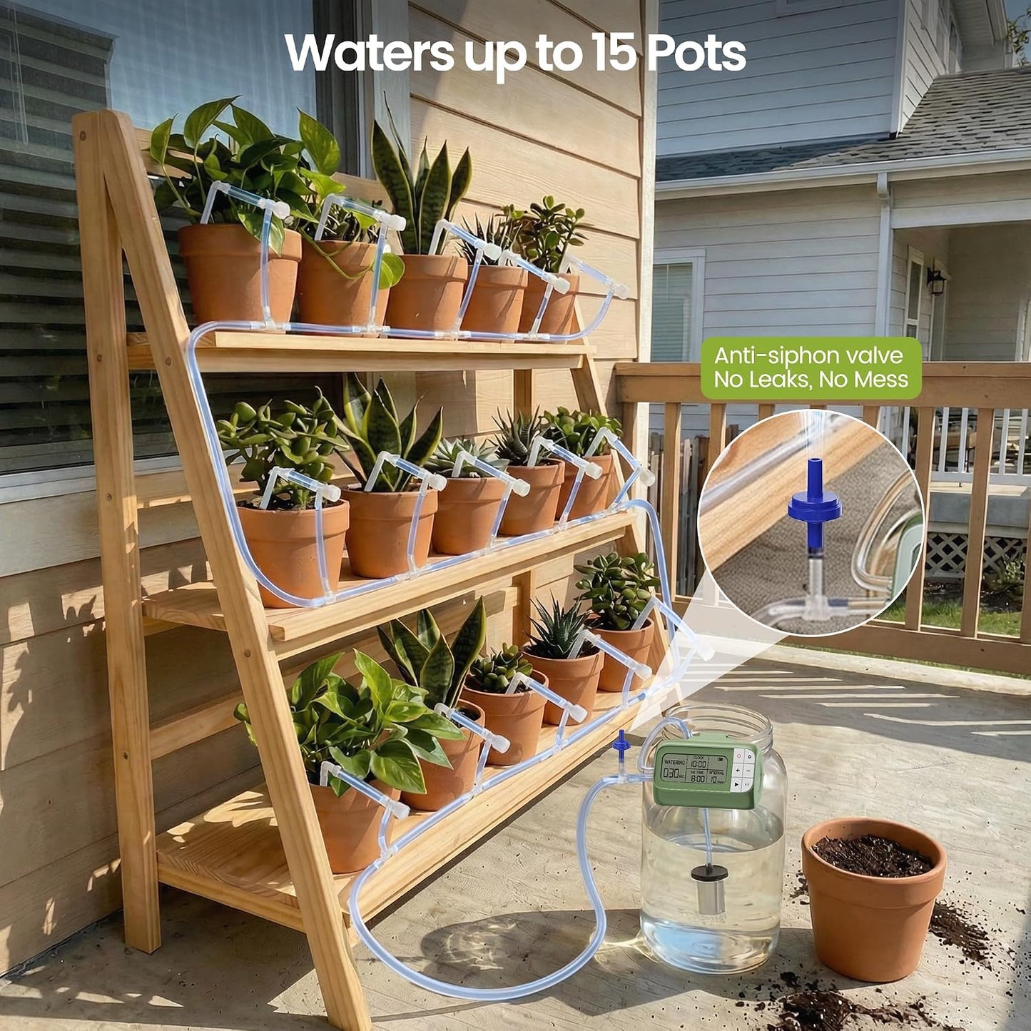 Solar Drip Irrigation System Timed Watering, Programmable Solar Water Drip for 15 Plants, Drip Irrigation Kit with 33FT 1/4'' Tube, 15x Tee Fitting, 15x Flow Valve, 15x Drip Stake(Solar Powered)