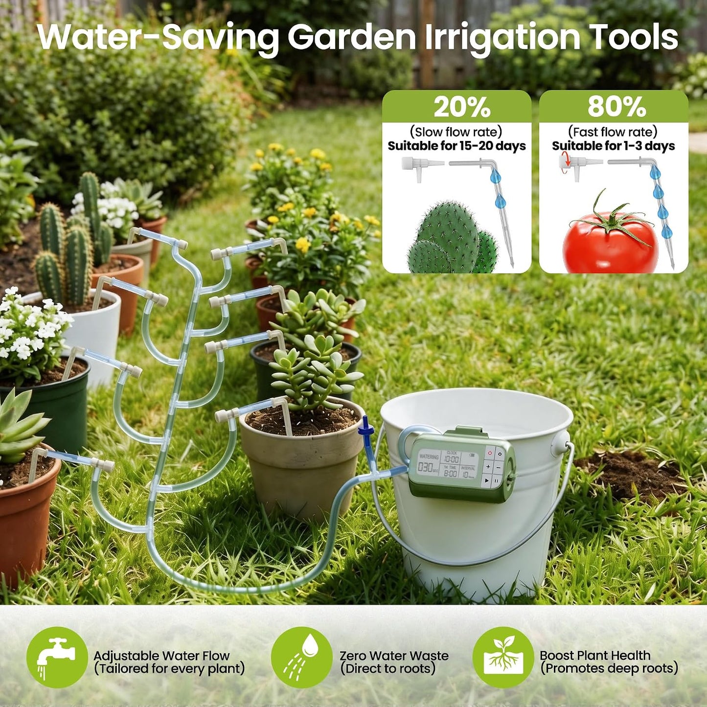 Solar Drip Irrigation System Timed Watering, Programmable Solar Water Drip for 15 Plants, Drip Irrigation Kit with 33FT 1/4'' Tube, 15x Tee Fitting, 15x Flow Valve, 15x Drip Stake(Solar Powered)