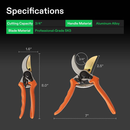 8" Bypass Pruning Shears for Gardening, Heavy-Duty Garden Scissors, Ultra Sharp Pruners with 3/4 in. Cut Capacity, Garden Clippers for Pruning