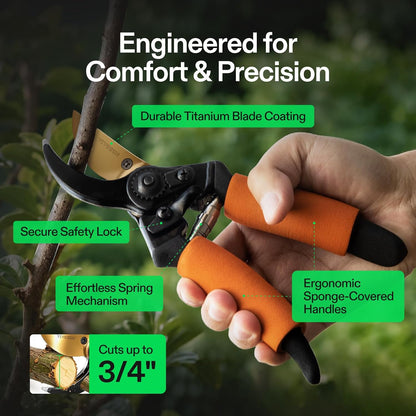 8" Bypass Pruning Shears for Gardening, Heavy-Duty Garden Scissors, Ultra Sharp Pruners with 3/4 in. Cut Capacity, Garden Clippers for Pruning
