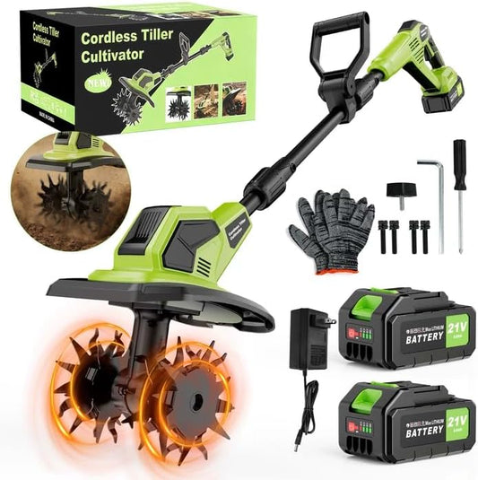 Cordless Tiller Cultivator, 21V Lightweight Tiller forGardening with 2 * Batteries, Brushless Electric Tiller with48 Steel Tines, 400RPM, 9.5" Tilling Width, 7" Depth forGardening, Soil Turning